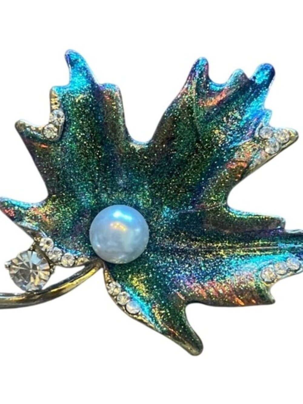 Leaf Brooch Pin Faux Pearl Diamond Like  Rhinestone Green Iridescent Sparkle